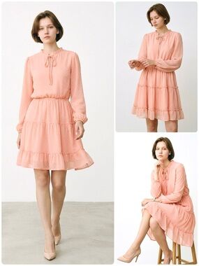 BTFBM Tiered Dress Swiss Dot Ruffle Tie V-Neck Long Sleevees Knee Length